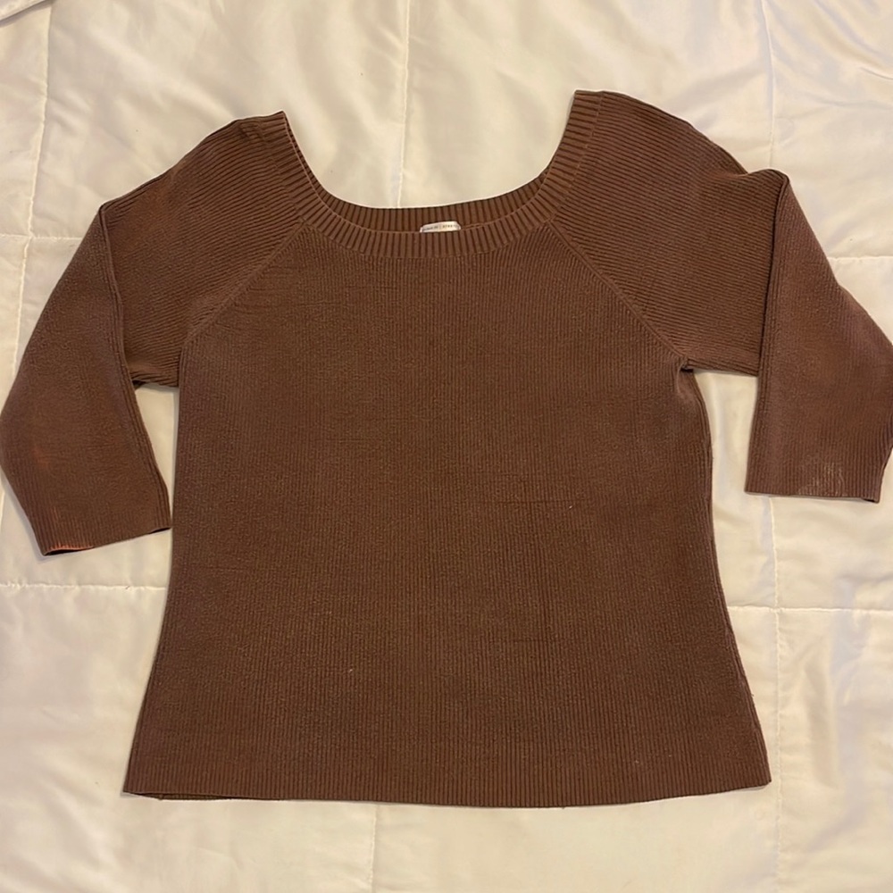 Brown crew neck—off the shoulder slouch sweater